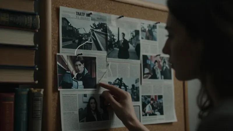 Mujer analizando un tablero de corcho cubierto de fotografías y recortes de noticias en un estudio antiguo y tenuemente iluminado, evocando una atmósfera de misterio y premonición.