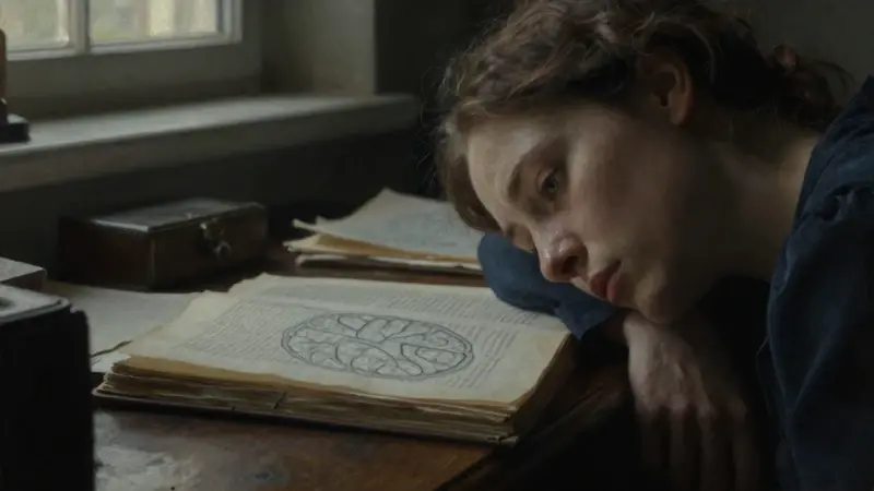 Mujer pensativa en un estudio antiguo, rodeada de libros y papeles de investigación sobre la actividad cerebral, con una luz tenue que realza una atmósfera de contemplación histórica.