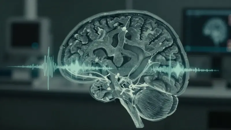 Escaneo cerebral mostrando actividad neuronal y proyecciones sutiles de posibles eventos futuros, en un laboratorio de neurociencia tenuemente iluminado.