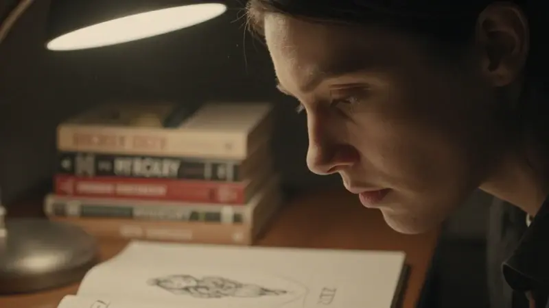 Mujer concentrada en un estudio tenuemente iluminado, rodeada de libros de psicología, mientras observa o reflexiona sobre bosquejos de imágenes oníricas en un cuaderno abierto.