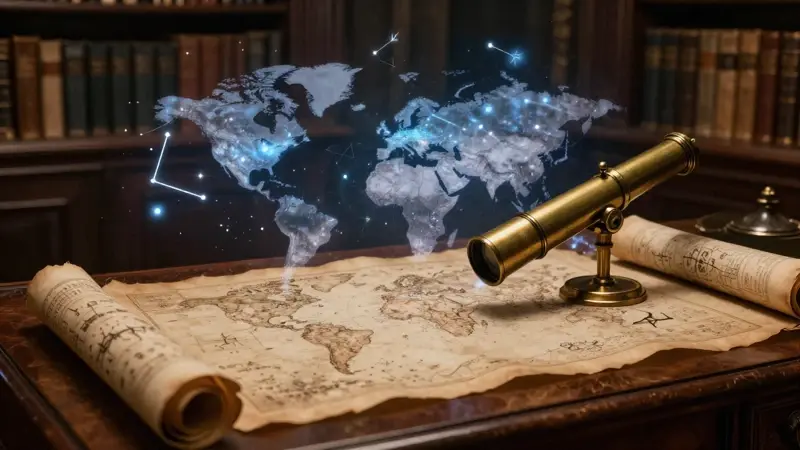 Mapa mundial intrincado superpuesto con constelaciones oníricas sobre un escritorio antiguo en un estudio tenuemente iluminado, rodeado de pergaminos y libros antiguos.