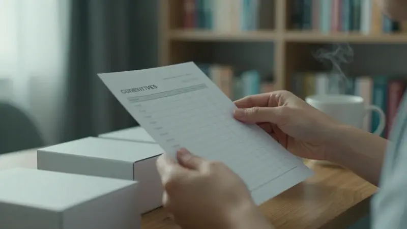 Manos marcando casillas en una lista de verificación minimalista sobre sueños premonitorios, con una biblioteca desenfocada al fondo y una taza humeante sobre un escritorio de madera.