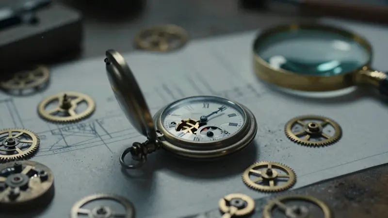 Reloj de bolsillo antiguo desmontado con engranajes y resortes dispersos sobre un banco de trabajo lleno de herramientas y planos.