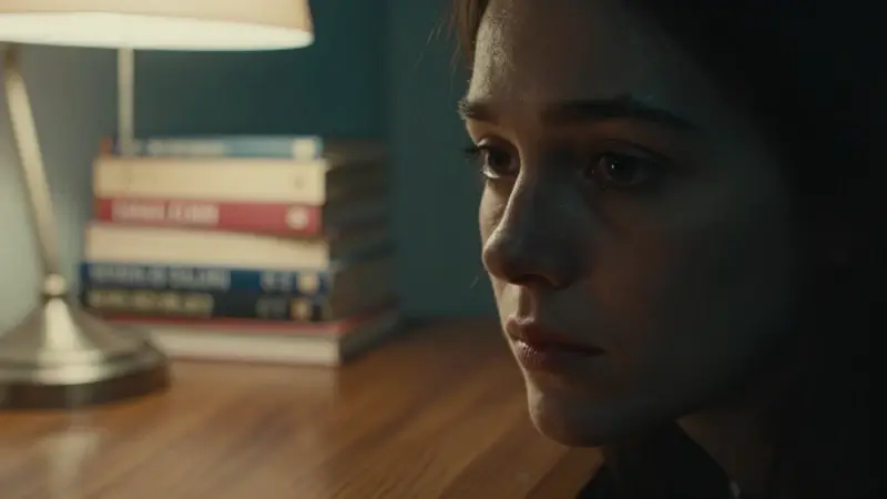 Primer plano de una mujer mirando fijamente, con rostro parcialmente en sombra, en un estudio con libros de psicología y una lámpara antigua.