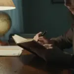 Mujer analizando un diario de sueños en un estudio tenuemente iluminado, rodeada de libros y notas.