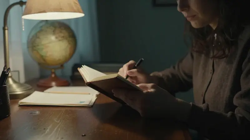 Mujer analizando un diario de sueños en un estudio tenuemente iluminado, rodeada de libros y notas.