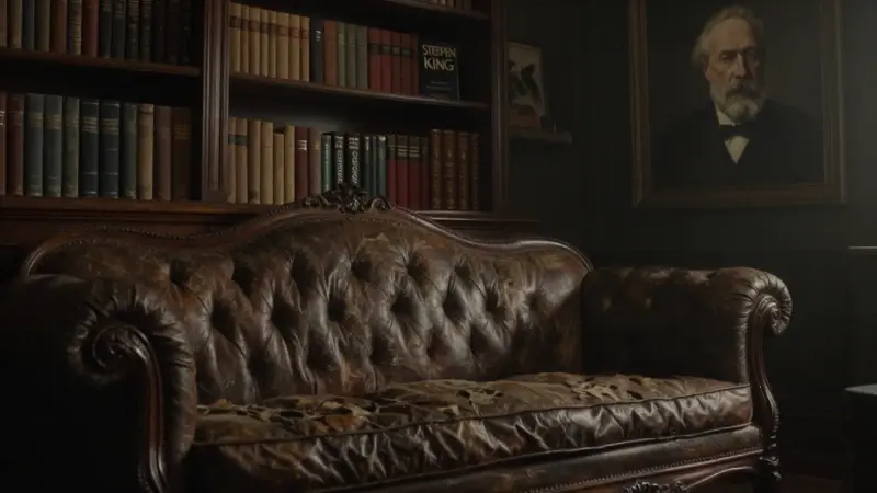 Diván psicoanalítico en un estudio victoriano antiguo, rodeado de estanterías repletas de libros y con un retrato parcial de Sigmund Freud al fondo.