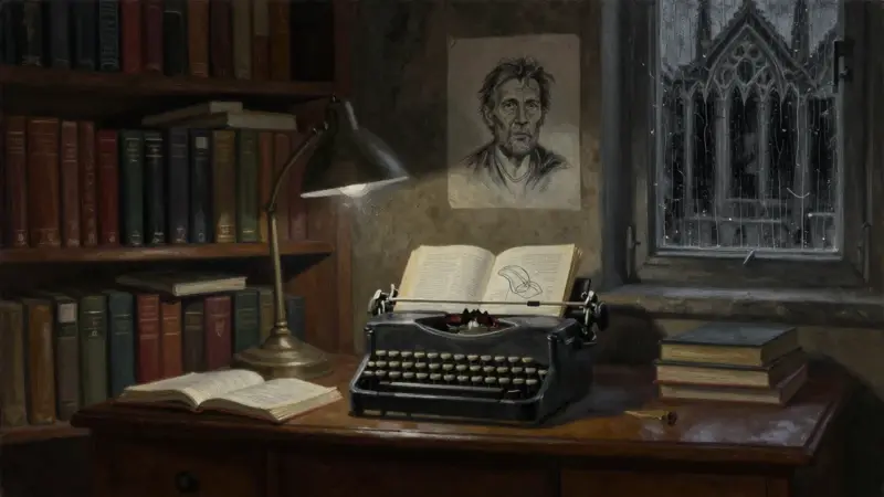 Estudio antiguo y polvoriento con estanterías repletas, un escritorio de madera antigua y un retrato a carbón de Stephen King en la pared. Un libro de psicología abierto muestra un diagrama del subconsciente, bajo la luz tenue de una lámpara.