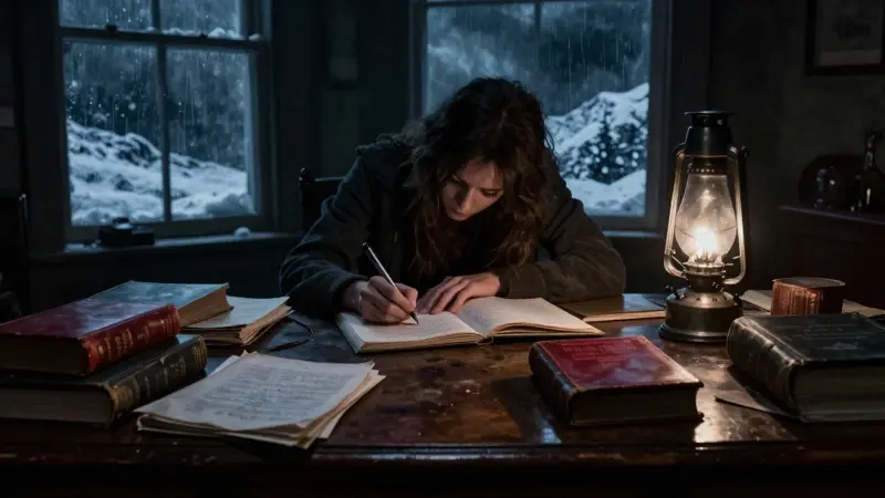 Estudio tenuemente iluminado con un escritorio antiguo lleno de diarios de sueños y libros de psicología freudiana, frente a una ventana con tormenta y montañas nevadas.