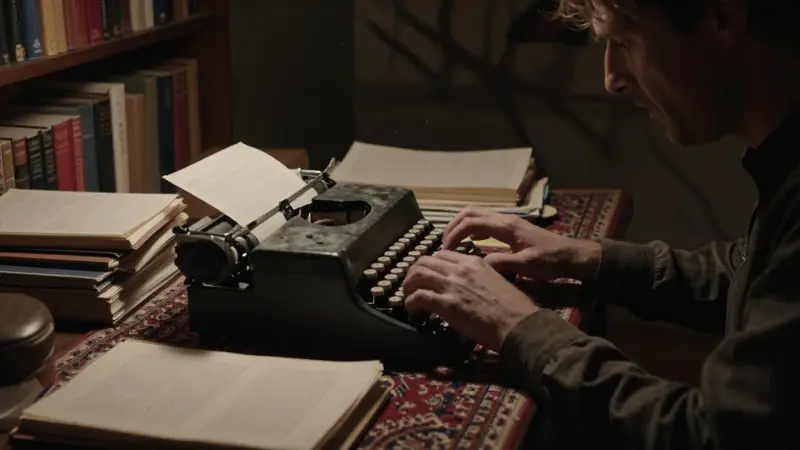 Escritor atormentado tecleando frenéticamente en una máquina de escribir antigua en un estudio oscuro y desordenado, rodeado de libros y notas sobre sueños.