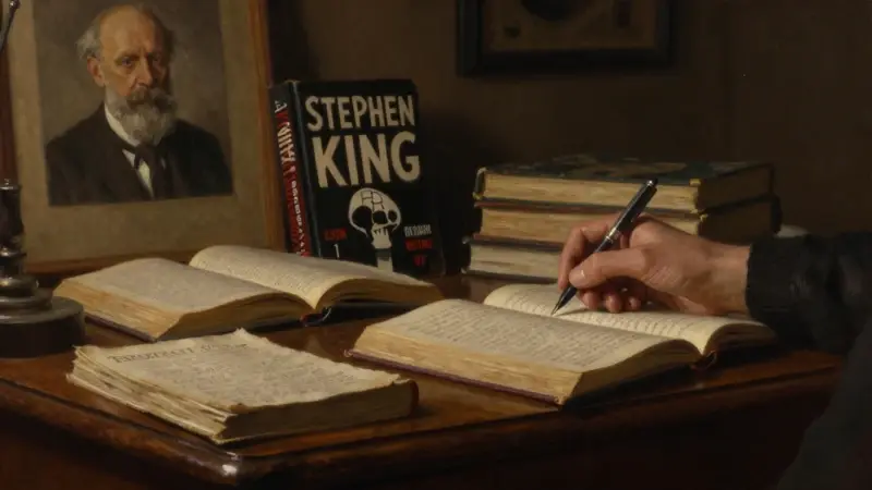 Mano a punto de escribir en un diario de sueños sobre una mesa de estudio antigua rodeada de libros de psicoanálisis y terror, con un retrato de Freud visible al fondo.