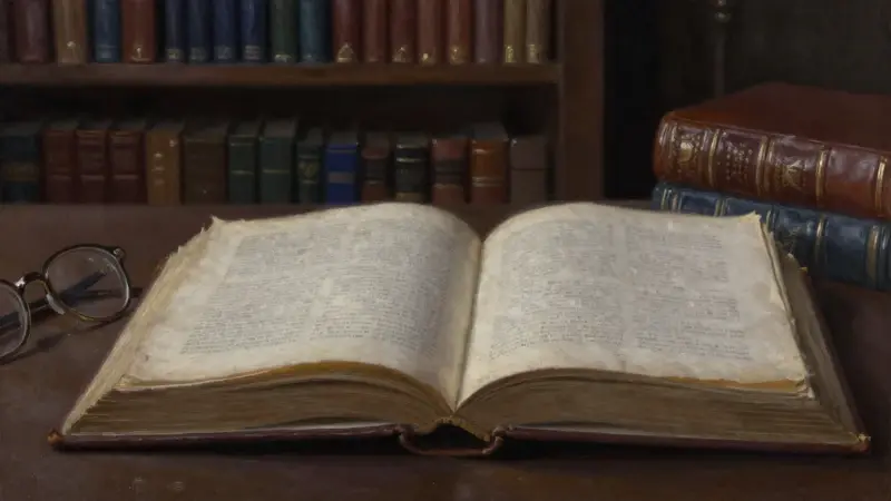 Libro abierto con imágenes oníricas en un estudio antiguo, rodeado de estanterías llenas de libros y con una iluminación tenue y dramática.