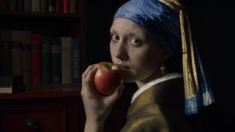 Joven con rostro parcialmente oculto sosteniendo una manzana en un estudio antiguo con estanterías y escritorio.