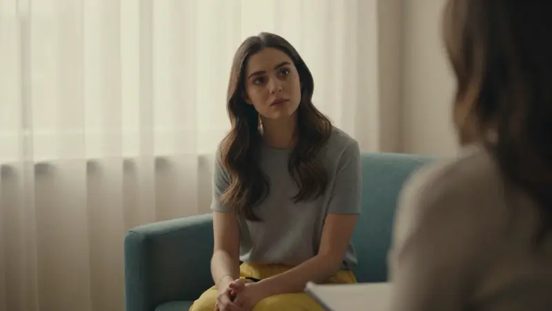 Joven parecida a Blancanieves sentada en un sillón de terapeuta, con expresión pensativa en un ambiente cálido y luminoso.