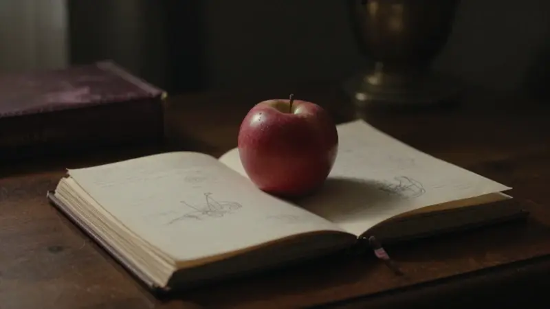 Naturaleza muerta con un diario de sueños abierto sobre un escritorio antiguo, destacando una manzana roja en el centro, evocando un ambiente melancólico y académico.