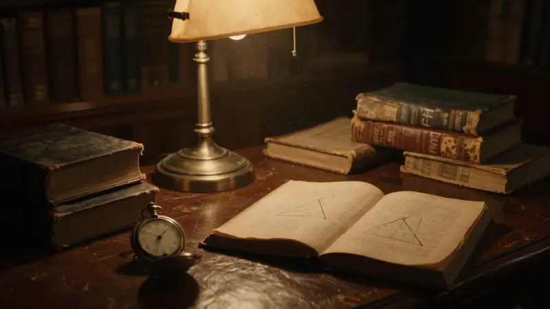 Escritorio antiguo en una biblioteca, con libros históricos abiertos mostrando diagramas triangulares y un reloj de bolsillo vintage.