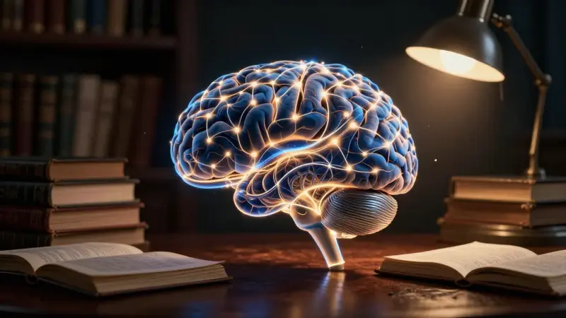 Cerebro humano brillante con conexiones luminosas en un estudio antiguo con libros y diarios de sueños, iluminado por una lámpara de escritorio. Ambiente académico oscuro con tonos índigo y dorado.