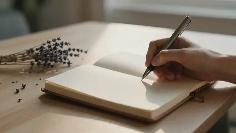 Manos escribiendo en un cuaderno de cuero sobre una mesa de madera, con lavanda seca y luz suave de la mañana, evocando un ambiente tranquilo y reflexivo.