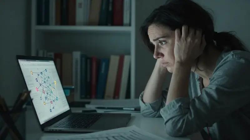 Mujer frustrada estudiando un complejo diagrama con conexiones resaltadas en un escritorio lleno de papeles, rodeada de libros en un ambiente oscuro y melancólico.
