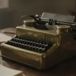 Máquina de calcular antigua de latón mostrando el número 369 en un estudio lleno de libros y papeles.