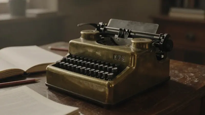 Máquina de calcular antigua de latón mostrando el número 369 en un estudio lleno de libros y papeles.