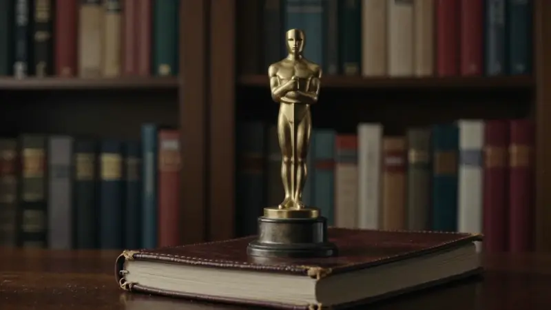 Estatilla dorada del Oscar sobre un diario de sueños antiguo en un estudio con estanterías llenas de libros de psicología y cine.