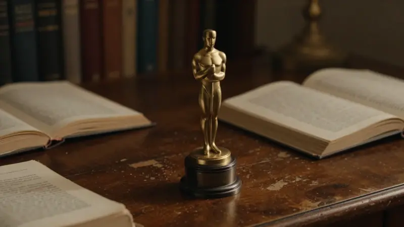 Estatilla dorada del Oscar sobre un escritorio de caoba desgastado, rodeada de diarios de sueños y libros de psicología en un estudio tenuemente iluminado.