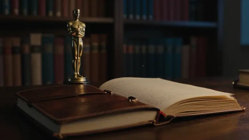 Estatilla dorada del Oscar sobre un diario de sueños abierto, en un estudio antiguo con estanterías de madera en penumbra.