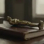 Estatilla dorada del Oscar sobre un diario de sueños de cuero desgastado en un estudio tenuemente iluminado.
