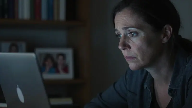 Mujer preocupada frente a una laptop en un escritorio oscuro, rodeada de libros y fotos familiares, con una iluminación dramática que enfatiza su expresión pensativa.