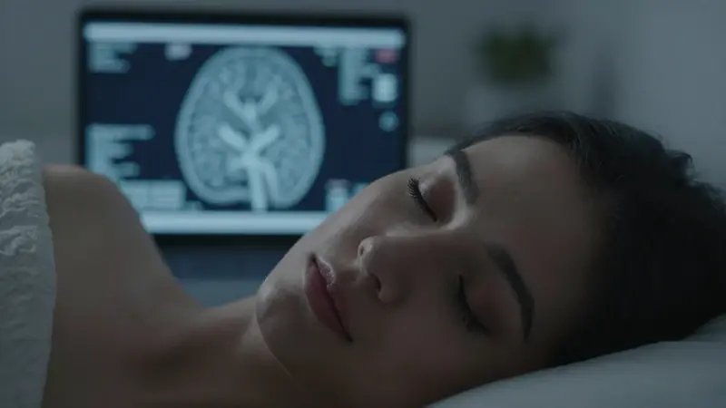 Mujer durmiendo plácidamente con una visualización de escaneo cerebral en la laptop que tiene cerca, creando una atmósfera serena y contemplativa.