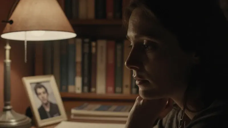 Mujer pensativa, con rostro parcialmente en sombra, en un estudio antiguo con estanterías llenas de libros y una lámpara de escritorio.