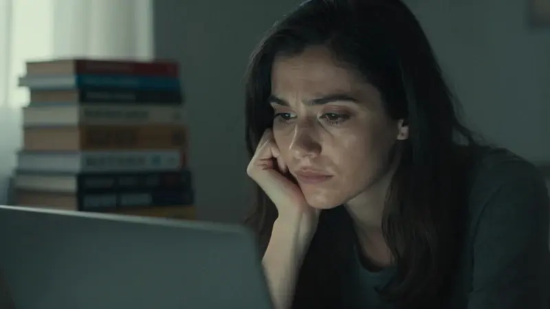Mujer pensativa frente a un portátil en una habitación tenuemente iluminada, rodeada de libros de psicología, evocando un ambiente de reflexión sobre los sueños y la muerte.