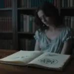 Mujer pensativa en un estudio lleno de libros, con un diario abierto frente a ella que muestra bocetos de una calavera y una flor.