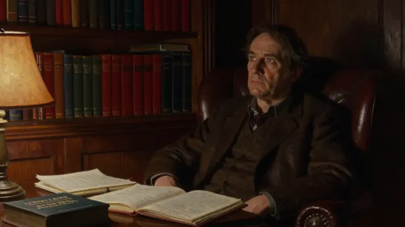 Estudio oscuro con un hombre de mediana edad pensativo en un sillón de cuero, rodeado de libros y notas sobre sueños, evocando una atmósfera melancólica y opresiva.