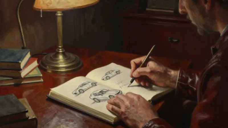 Estudio psicoanalítico tenuemente iluminado con un sillón de cuero y un cuaderno abierto lleno de bocetos de automóviles.