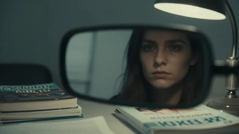 Espejo retrovisor agrietado reflejando un rostro distorsionado en un interior tenuemente iluminado, con libros de psicología esparcidos.
