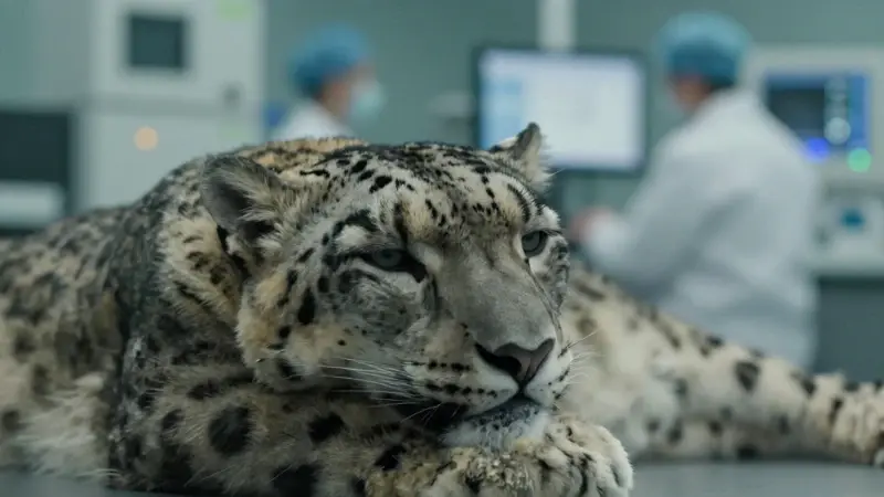 Leopardo de las nieves durmiendo en un laboratorio de investigación, con científicos y equipo de monitoreo borrosos en el fondo.