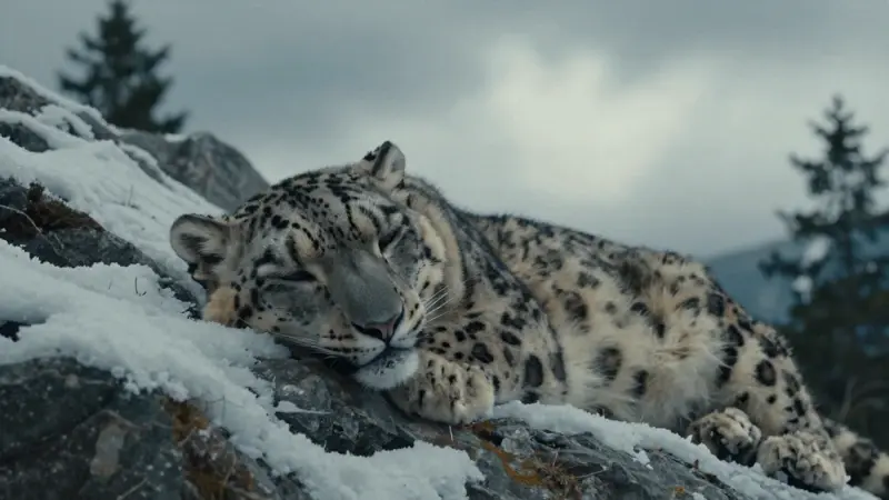 Leopardo de las nieves durmiendo plácidamente entre rocas y nieve en un paisaje montañoso.