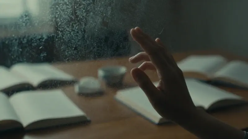 Primer plano de una mano trazando patrones sobre cristal empañado, con libros y diarios de sueños difuminados al fondo, creando una atmósfera contemplativa y misteriosa.