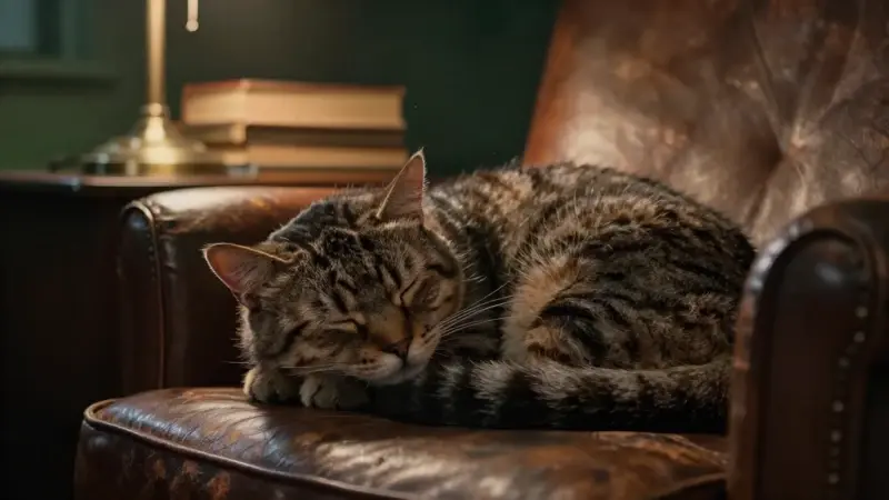 Gato doméstico durmiendo acurrucado en un sillón de cuero desgastado, en un estudio con libros antiguos y una lámpara de lectura cálida.