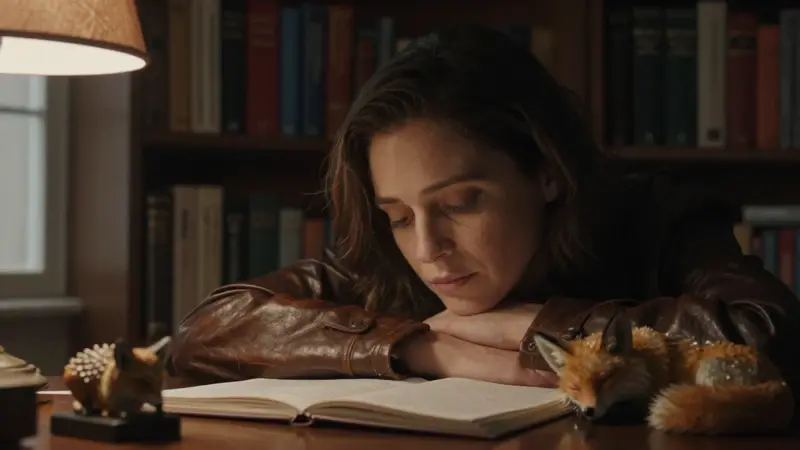 Mujer pensativa en un estudio lleno de libros sobre psicología y análisis de sueños, con un diario a medio escribir y una pequeña escultura de un zorro durmiendo en primer plano.
