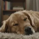 Un golden retriever duerme plácidamente en una cálida sala de estar con una alfombra mullida y una estantería desenfocada al fondo.