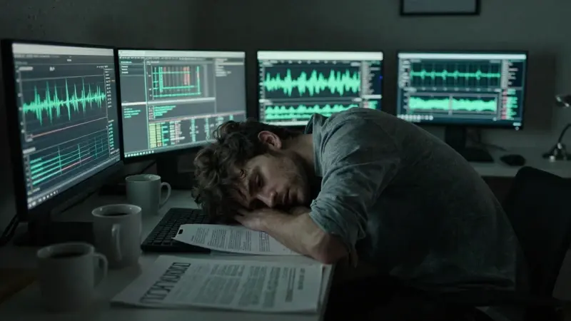 Joven exhausto desplomado sobre un escritorio desordenado, rodeado de pantallas con gráficos de ciclos de sueño, tazas de café y papeles, en un apartamento moderno tenuemente iluminado.