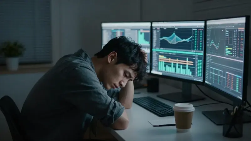 Científico de datos exhausto trabajando en un escritorio desordenado lleno de pantallas con gráficos de datos de sueño, en una oficina moderna tenuemente iluminada durante la noche.