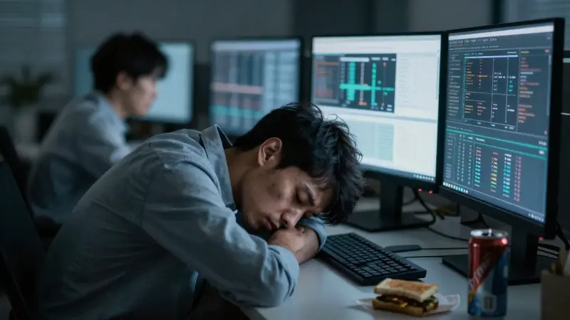 Trabajador de oficina exhausto, inclinado sobre un ordenador en una oficina tenuemente iluminada, rodeado de pantallas con visualizaciones de datos complejos y una pila de latas de bebida energética.