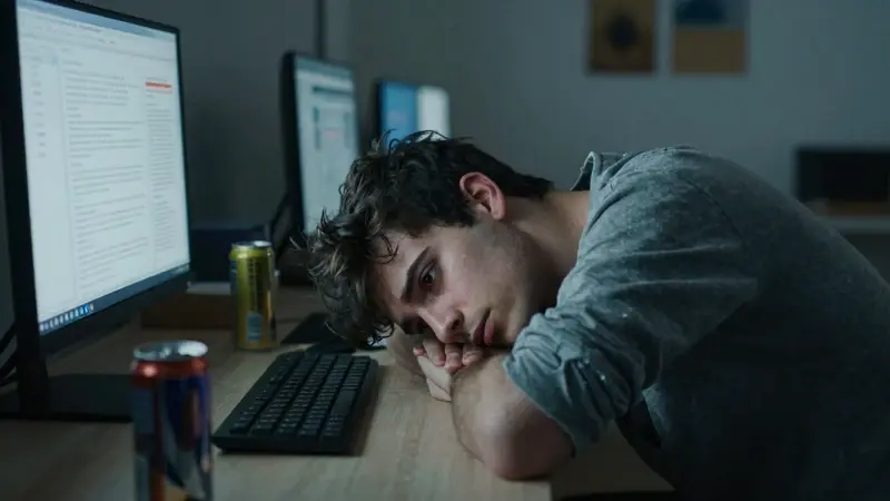 Joven exhausto, Nicolás, desplomado sobre un ordenador en un despacho tenuemente iluminado, rodeado de latas de bebida energética y con múltiples pestañas abiertas sobre horarios de sueño. Atmósfera opresiva y expresión preocupada.