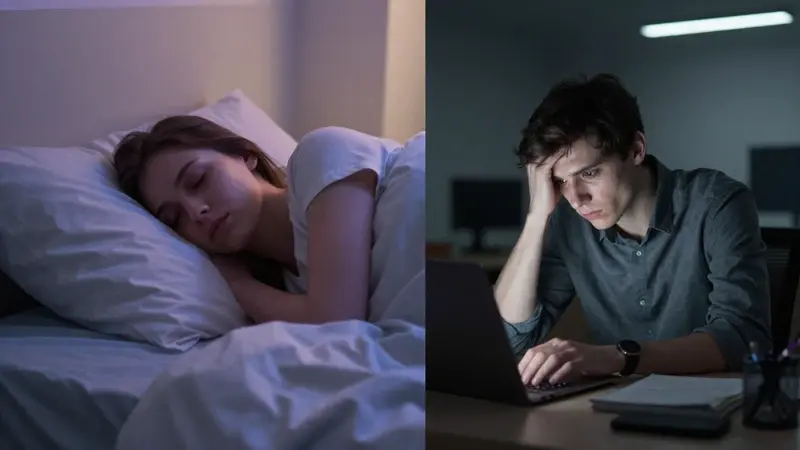 Diferencia visual entre una persona descansada después de 8 horas de sueño en un dormitorio sereno y una persona exhausta por la privación del sueño trabajando en una oficina con luz artificial.