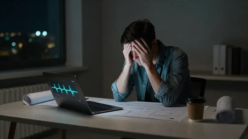 Arquitecto exhausto trabajando tarde en un plano, con gráficos de ciclos de sueño en su portátil y luces de la ciudad borrosas en el fondo.