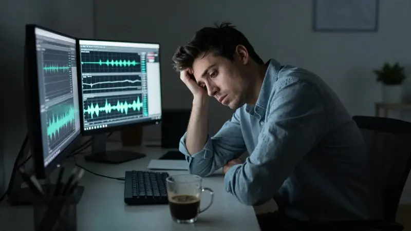 Joven profesional exhausto trabajando en un despacho moderno y desordenado a altas horas de la noche, rodeado de gráficos de ciclos de sueño en múltiples pantallas.